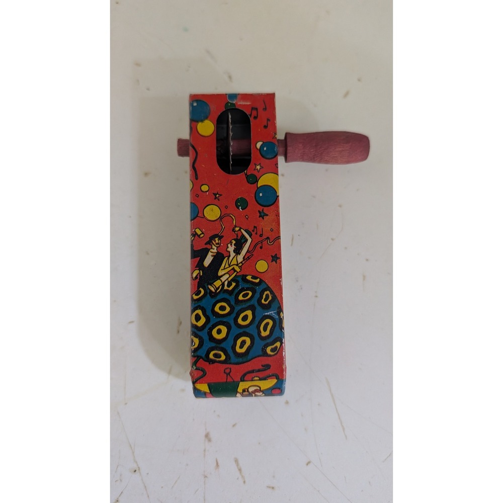 Vintage US Metal Toy Mfg Co Tin Litho Noise Maker Circus Clown Hand Crank Toy